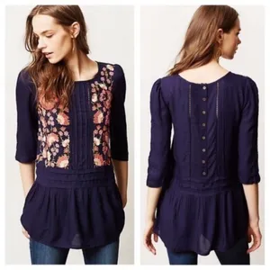 Anthropologie Floreat • Luana Women’s Navy Floral Embroidered Tunic Top Blouse thumbnail 2