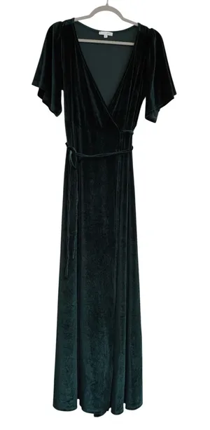 Baltic Born Velvet Dark Green Wrap Dress Flutter Sleeve Gown Winter Bridesmaid thumbnail 1