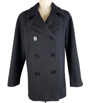 Marvin‎ Richards Vintage Over Coat Peacoat Size 6 Black Wool Anchor Buttons USA thumbnail 1