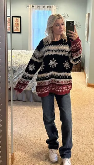 Vintage Red, White, and Blue Striped Snowflake Grandpa Sweater thumbnail 1