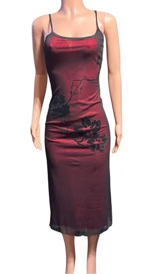 Whistle sleeveless burgundy and black midi mesh overlay and floral print dress M thumbnail 1