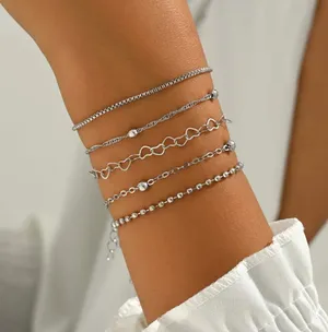 NEW Set of 5 silver bracelets / anklets heart, chain, adjustable silver bracelet thumbnail 2