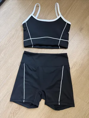 Black Contrast Piping Sports Bra and Bike Shorts Set thumbnail 1