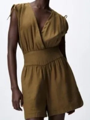 Zara Linen and Cotton Olive-Green Surplice Romper with Smocked Waist Size XS thumbnail 2