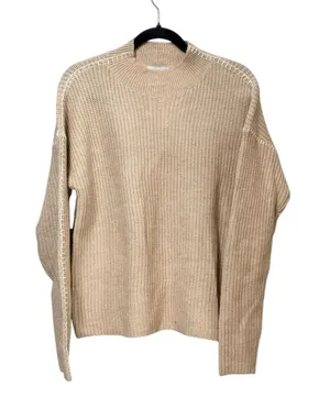 Evereve Womens Tan Ribbed Mock Neck Sweater Whipstitch Detail Size M thumbnail 1