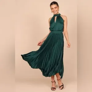 ✨Women Midi Dresses Green Sleeveless Halter Irregular High Waist Sz L Sundress✨ thumbnail 2