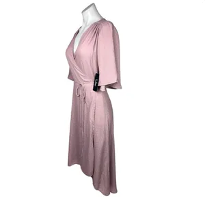 NEW Lulus Farah Pink Mauve V Neck Polka Dot Tie Flutter Sleeve Midi Wrap Dress M thumbnail 7