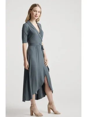 Quince Tencel Jersey Midi Wrap Dress Dark Olive Green Size L thumbnail 5