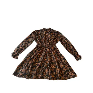 Floral Smocked Mock Neck Long Sleeve Mini Dress Black Brown Orange Medium Boho thumbnail 2