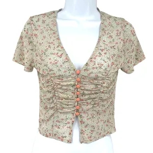 Coquette Y2K Mini Floral Mesh Top Sz M Deep V Ruch Festival Crop Cottage Fairy thumbnail 1