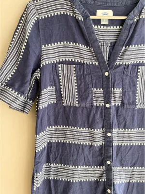 Old Navy Blue & White Geometric Stripe Button-Front Mini Shirt Dress PS thumbnail 3