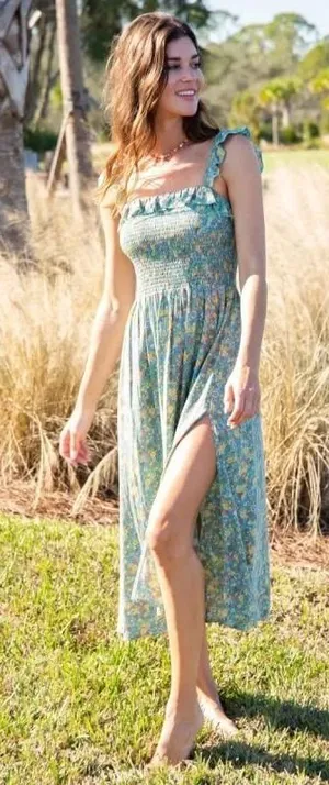 Natural Life Megan Dress M Smocked Ruffle Ditsy Floral Cottagecore Slit Green thumbnail 1