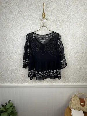 Free People Black and White Sheer Embroidered Peasant Blouse - Size - Medium thumbnail 6