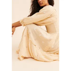 Free People Dahlia Embroidered Maxi Dress Sand Gauzy Smocked Size Small Cotton thumbnail 11
