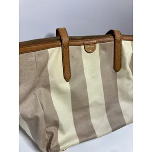 Fossil striped Sydney shopper Tote Bag Womens Large Tan Cream Striped Canvas thumbnail 3