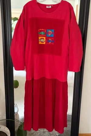 JOHNNY WAS Rare Vintage Y2K Red Long Sleeve Fish Dress thumbnail 1