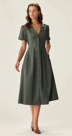 RIHOAS Green V Neck Pleated Button Midi Dress thumbnail 1