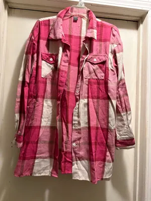 SHEIN pink plaid long sleeve faux flannel shirt, XL thumbnail 1
