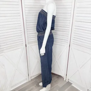 Poetry‎ Boho Smocked Strapless Wide Leg Chambray Jumpsuit Denim Blue Small thumbnail 2