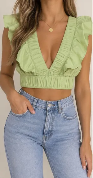 Abercrombie & Fitch Ruffle Crop Top Small Green Deep V Cottagecore thumbnail 1