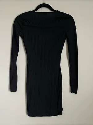 PRETTYLITTLETHING | Black Long Sleeve Striped V-Neck Mini Dress Sz 2 thumbnail 5