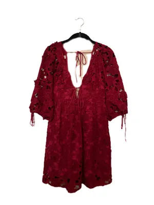 Storia Deep Red Lace V-Neck Eyelet Floral Mini Dress thumbnail 4