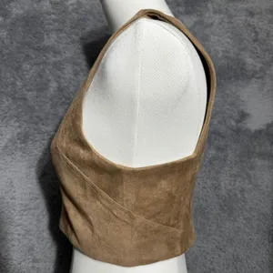 Olivaceous Crop‎ Top Womens Medium Tan Brown Faux Suede V-Neck Full Back Zip thumbnail 6