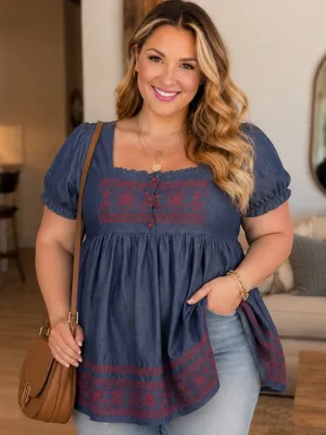 Boho Chic Chambray Denim Peasant Top NWT Blue Size XL thumbnail 3