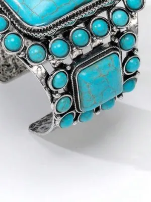 Turquoise Stone Cluster Cuff Bracelet - Women Jewelry Bracelet thumbnail 4
