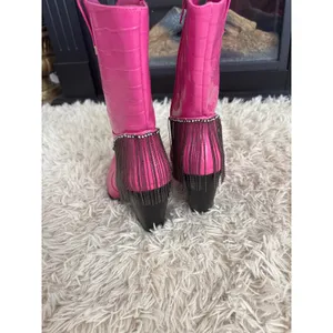 Hot Pink Crocodile Embossed Heeled Cowboy Boots Rhinestone‎ Fringe Women 8 NWOT thumbnail 5