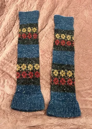 Blue Knit arm Warmers with Multicolor Fair Isle Stripes thumbnail 1