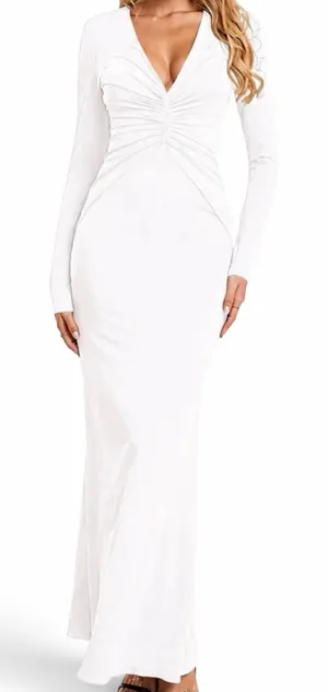 Colysmo Long Sleeve V Neck Long Dress Bodycon Maxi Ruched White. Size S thumbnail 1