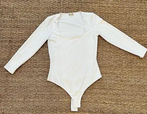 - 3/4 Sleeve Square Eyes Thong Bodysuit, white, size small thumbnail 7