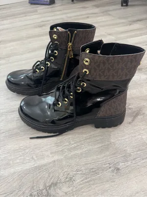 Michael Kors Black Patent Lace-Up Combat Boots with Gold Hardware thumbnail 3