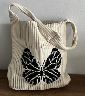 Boutique Cream Ribbed Knit Butterfly Shoulder Bag Soft Girl Aesthetic thumbnail 1
