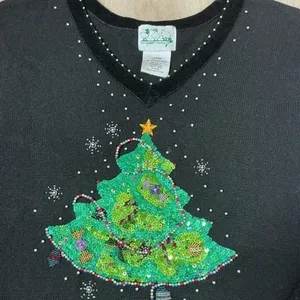 Quacker Factory Sequin Christmas Tree Sweater Womens Large Black Velvet Beaded thumbnail 2