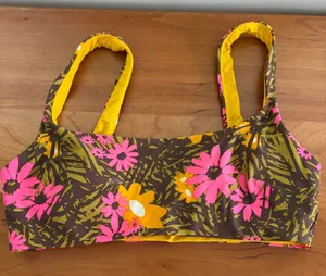 Aerie‎ Scoop Neck Bikini Top Brown Pink Floral Tropical Print Ribbed Yellow M thumbnail 1
