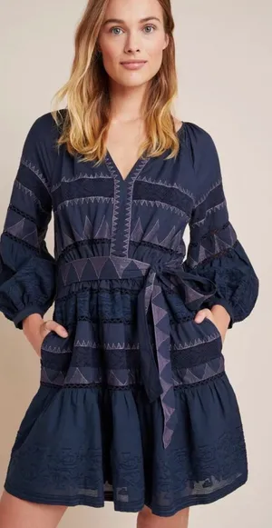 By Anthropologie Skye Embroidered Navy Blue Purple Tie Mini Dress Women's XS thumbnail 1