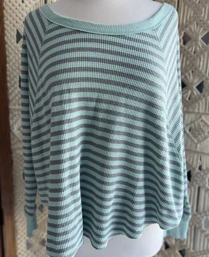 We The Free Free People Striped Mint and Gray Waffle Knit Long Sleeve Bat Wing Top thumbnail 1
