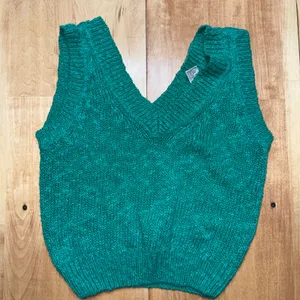 Illustrations Vintage Teal Chunky Knit V-Neck Sweater‎ Vest Ramie Cotton Small thumbnail 5