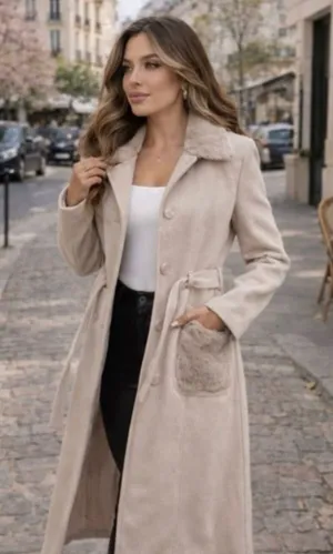 NEW NWT Tan layering coat elegant faux fur pocketed peacoat spring jacket thumbnail 1