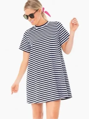 Tuckernuck Pomander Place Zoe White Navy Blue Stripe Mini T-Shirt Dress Small thumbnail 1