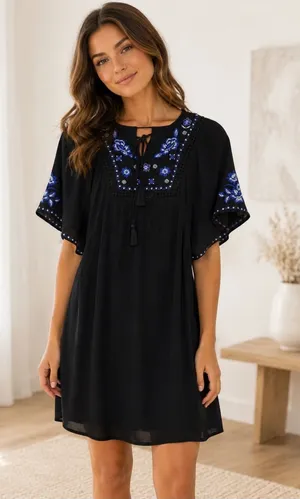 Blue Rain Women’s XXS Black Embroidered Floral Boho Mini Dress Bell Sleeve thumbnail 1