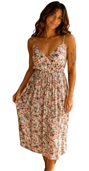 Floral Spaghetti-Strap Midi Dress in White Multicolor floral print thumbnail 1