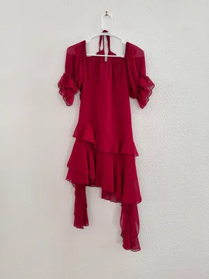 red ruffled ruched flowy salsa emoji asymmetrical dress thumbnail 2