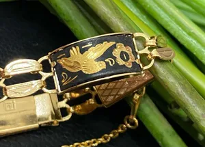 Vintage Damascene Gold-tone Enameled Birds & Flowers Link 8” Bracelet 16.3g thumbnail 14