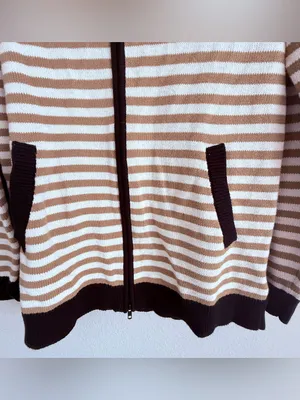 Cabi Mascot Cardigan 6448 Tan White Striped Black Full Zip Sweater thumbnail 4