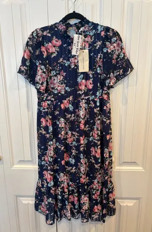 Orange Creek Los Angeles Blue Floral Short Sleeve Midi Dress Small‎ thumbnail 1