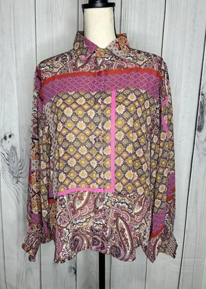 ee:some Sheer Button Up Blouse Sz M Floral Boho Chic Peasant Ruffle Cottagecore thumbnail 1