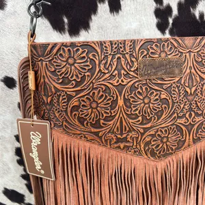 Wrangler Tooled Leather Cross Body Brown Fringe LARGE NWT floral western purse thumbnail 4